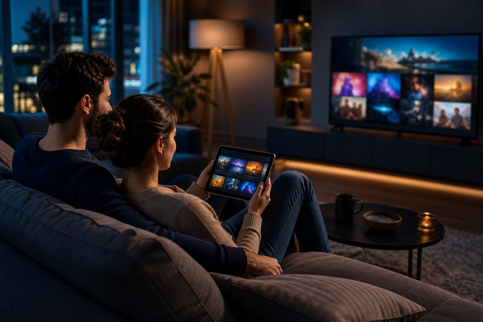 image of two people browsing entertainment together in a living room.